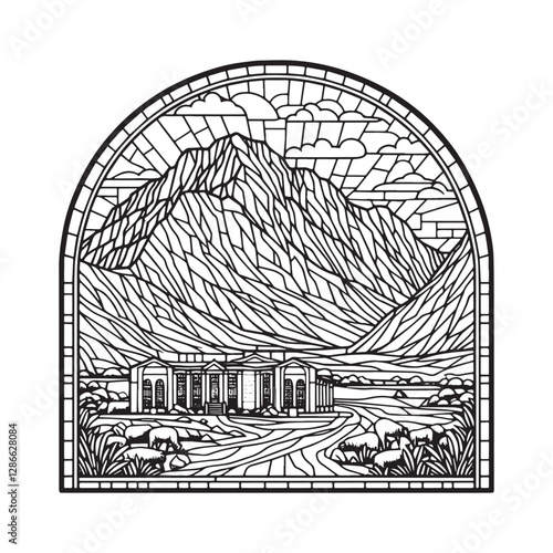 Minimalist Mosaic Outline of Mount Sinai inside an Arc Window Frame