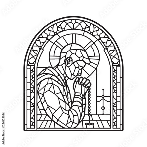 Minimalist Mosaic Outline of Person Praying with Rosary in Arc Window