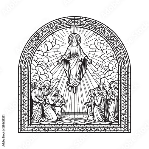 Minimalist Mosaic Outline of The Assumption of Mary in Arc Window Design