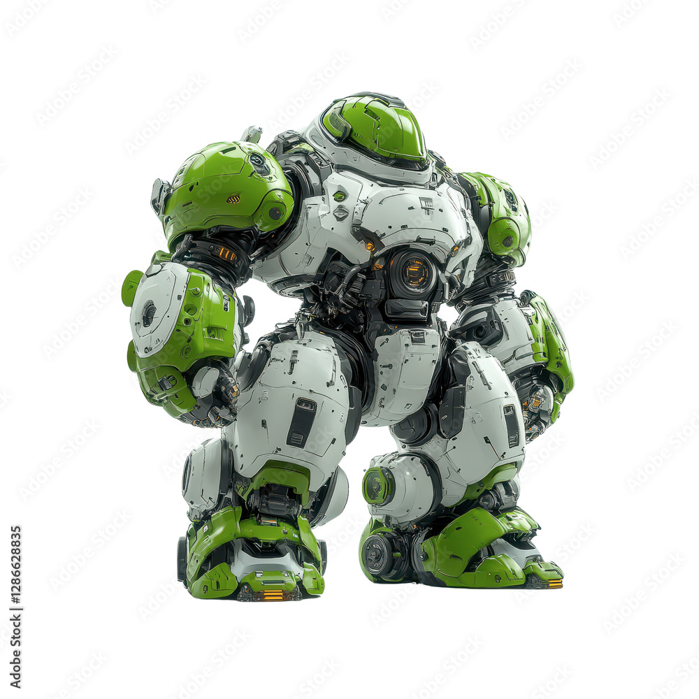 Powerful Green and White Robot, Futuristic Mech Warrior, Advanced Technology, 3D Render