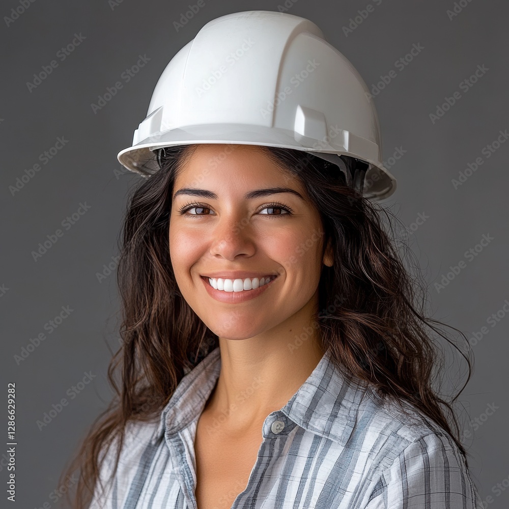 Smiling woman in hard hat with confidence. Smiling woman in hard hat with confidence.
