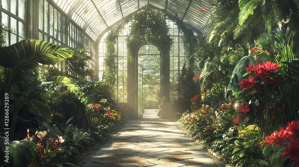 Obraz premium Greenhouse empty interior with glass walls, windows, roof and stone floor. Winter garden, orangery, hothouse cartoon background, place for growing flowers and plants inside view, Vector illustration