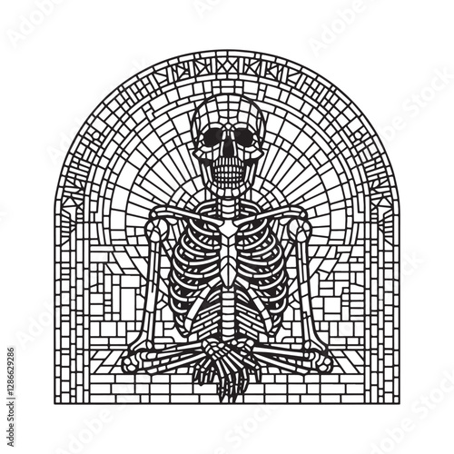 Minimalist Mosaic Skeleton Horror in Arc Window Coloring Book Illustration