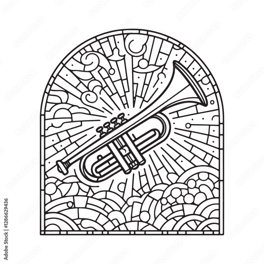 Fototapeta premium Minimalist Mosaic Trumpet Inside Arc Window Symbolizing Gospel Call