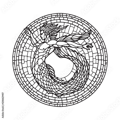 Minimalist Line Art of Triton in Mosaic Arc Window for Coloring Book