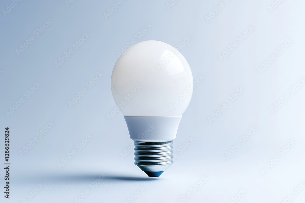 A single LED light bulb, white and round, stands against a light blue background. A single LED light bulb, white and round, stands against a light blue background.