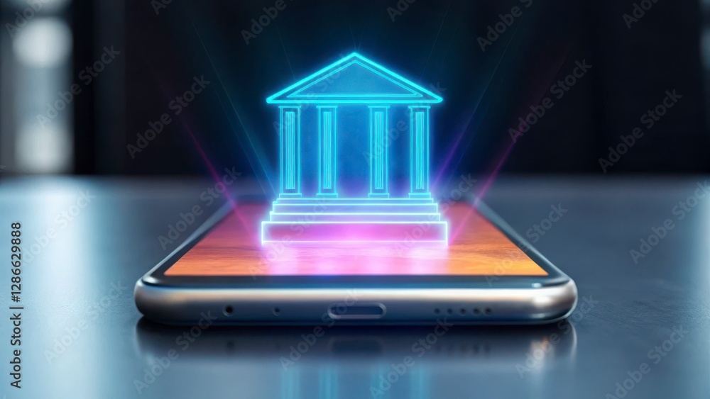 Glowing Blue Bank Icon on Smartphone Screen Glowing Blue Bank Icon on Smartphone Screen