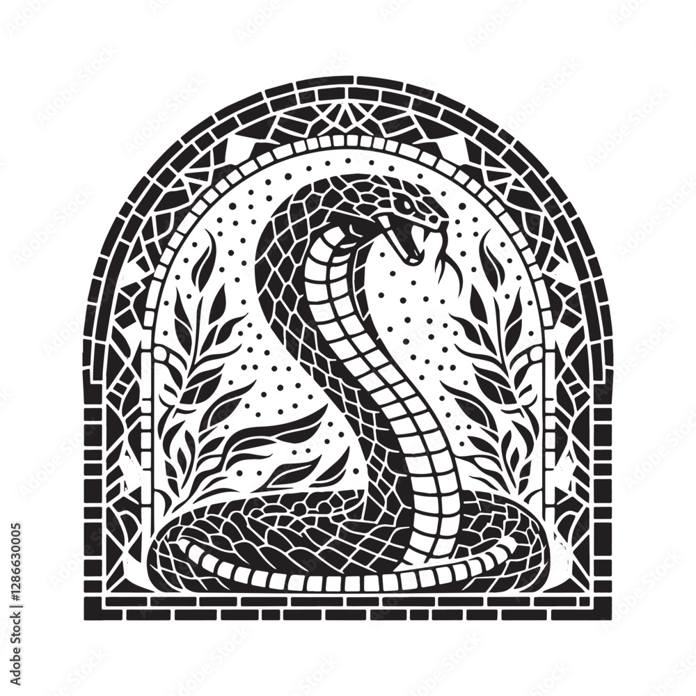 Monochrome Cobra Mosaic, A Striking Minimalist Serpent in Arc Wi Monochrome Cobra Mosaic, A Striking Minimalist Serpent in Arc Wi
