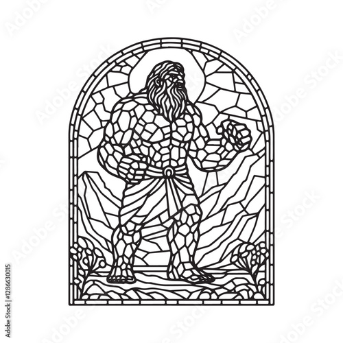 Monochrome Mosaic Goliath, Mountain Giant in Arc Window Outline Illustration