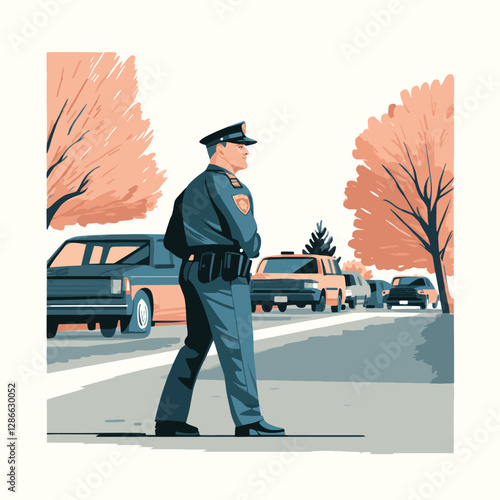 Police Officer Standing on Street with Cars