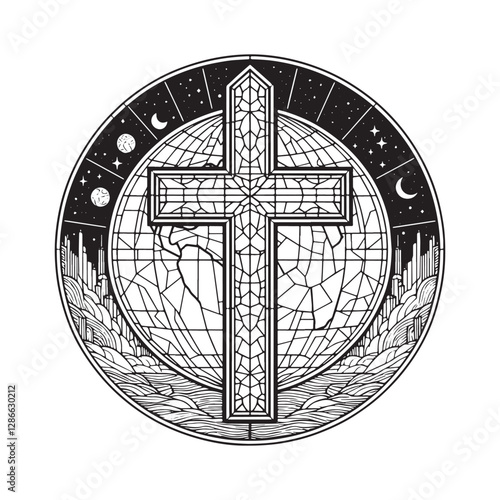 Mosaic cross illustration symbolizing faith, set within a minimalist arc window