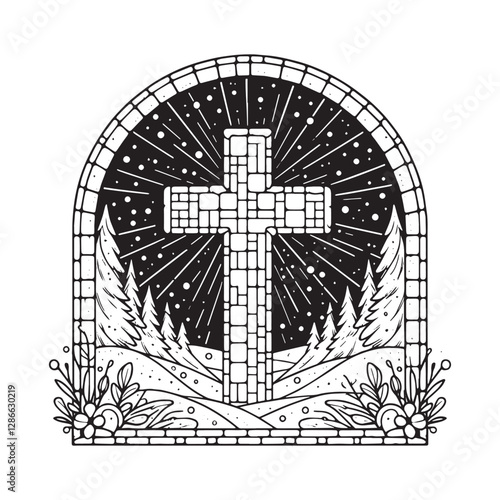 Mosaic cross covered in snow inside an arc window symbolizing purity and redemption in minimalist style with wintry landscape