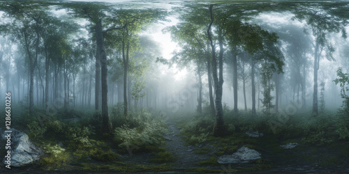 Fototapeta Naklejka Na Ścianę i Meble -  HDRI 360-degree mystical foggy forest