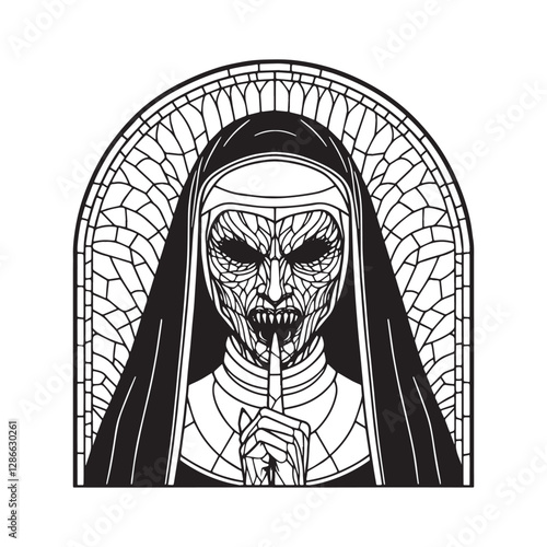 Mosaic Demonic Nun, A Pale-Faced Horror in an Arc Window of Terror
