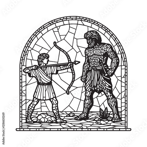 Mosaic Depiction of David's Triumph Over Goliath Within an Arched Window