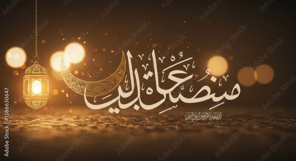 Naklejka premium Stylized Arabic calligraphy with golden ornamented patterns and crescent moon design