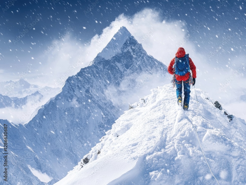 Snowy mountain peak with a lone hiker. Snowy mountain peak with a lone hiker.
