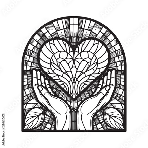 Mosaic Heart and Open Hands in Arc Window, A Symbol of Giving and Charity