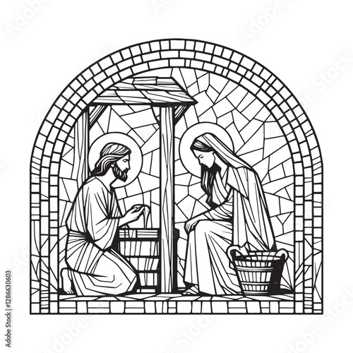 Mosaic illustration of Jesus offering living water to Samaritan woman