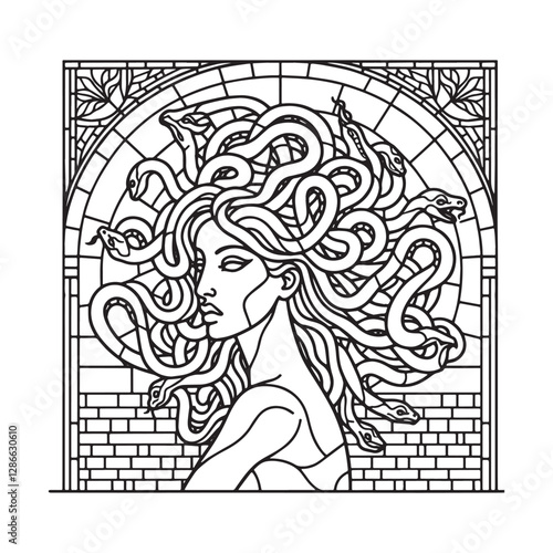 Mosaic Medusa outline with snakes for hair inside arc window 2104-01