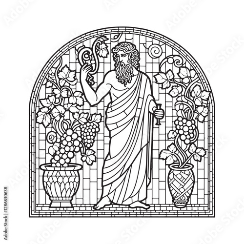 Mosaic outline of Dionysus, god of wine, with grapevines and thyrsus