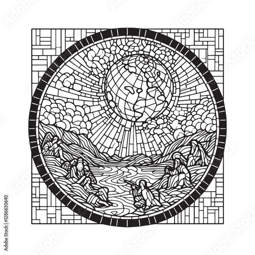 Mosaic Outline of Genesis Creation in an Arc Window Depicting the World