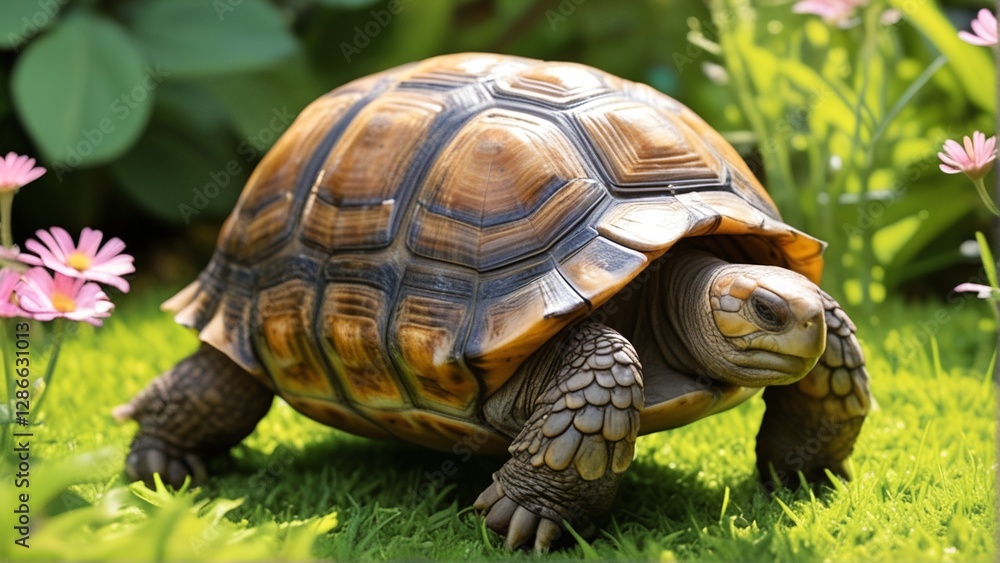 Obraz premium A realistic depiction of a tortoise with a patterned shell, standing on lush green grass surrounded by pink flowers.
