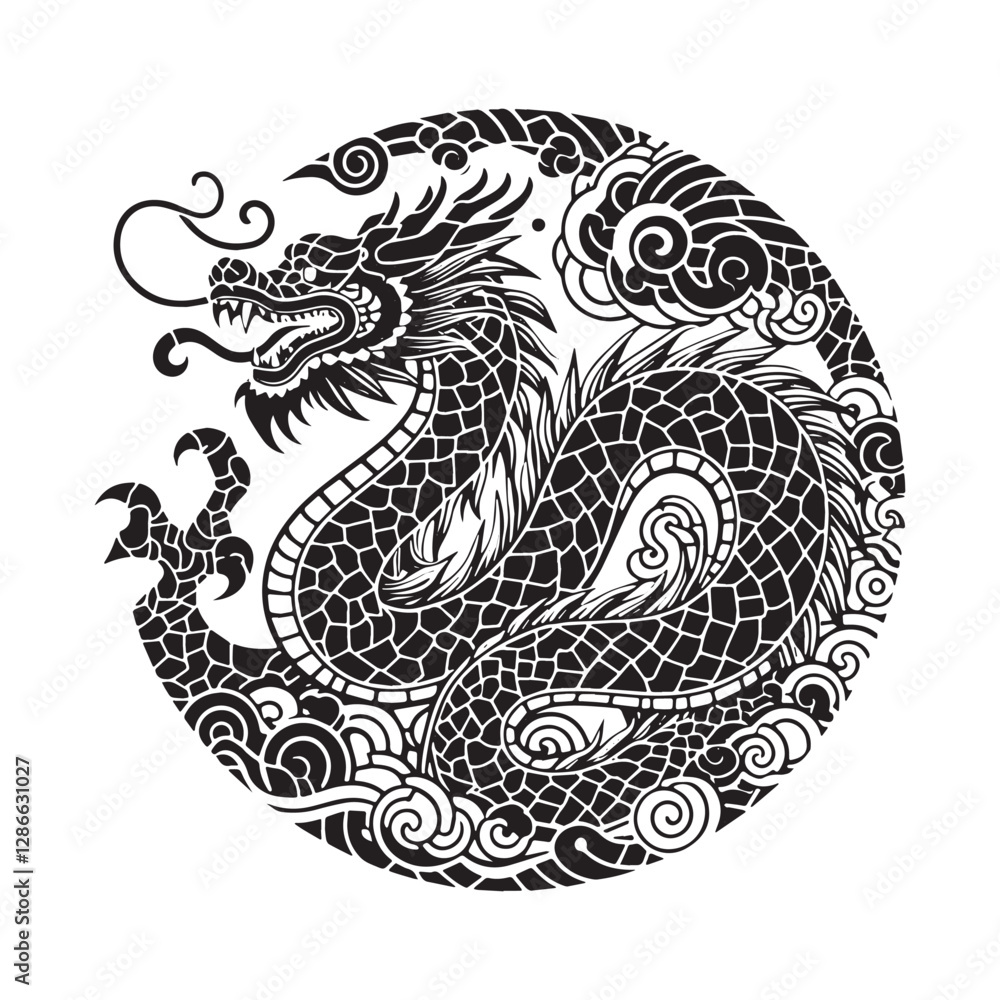 Mystical Asian Dragon in Mosaic Arc Window Style, Black and White Mystical Asian Dragon in Mosaic Arc Window Style, Black and White
