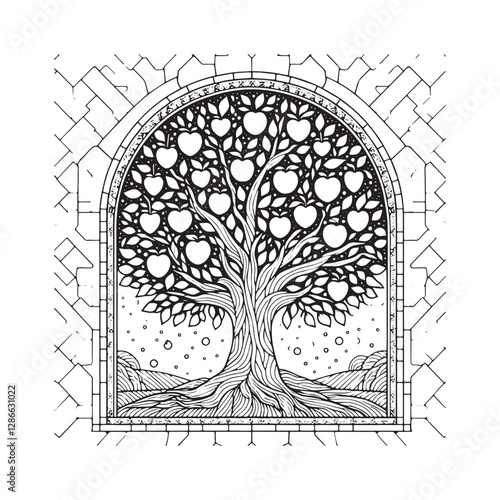 Intricate Mosaic Artwork Featuring the Tree of Knowledge with Ripe Apples