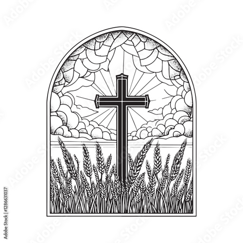 Mosaic style cross amidst wheat field framed by arc window with skies