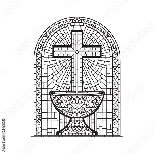 Mosaic style illustration of cross and baptismal font symbolizing rebirth