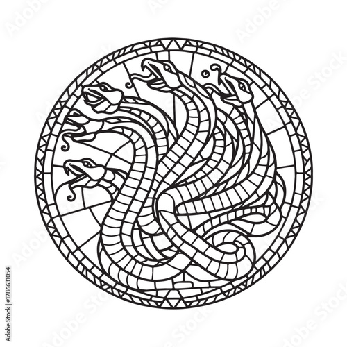 Mosaic Style Hydra Multi-Headed Serpent in Arc Window Outline Coloring Page
