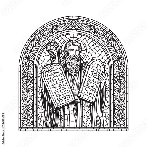 Moses holding the Ten Commandments with staff in a mosaic arc window