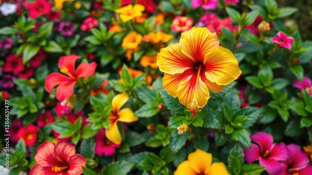 Vibrant hibiscus flower blooming on a multicolored background, garden, fresh, plant Vibrant hibiscus flower blooming on a multicolored background, garden, fresh, plant