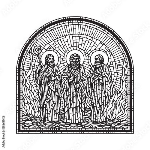 Shadrach Meshach Abednego deliverance minimalist mosaic arc window design