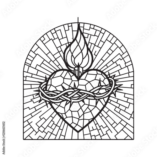 Stained Glass Heart with Thorns and Flame in Arc Window Mosaic Style