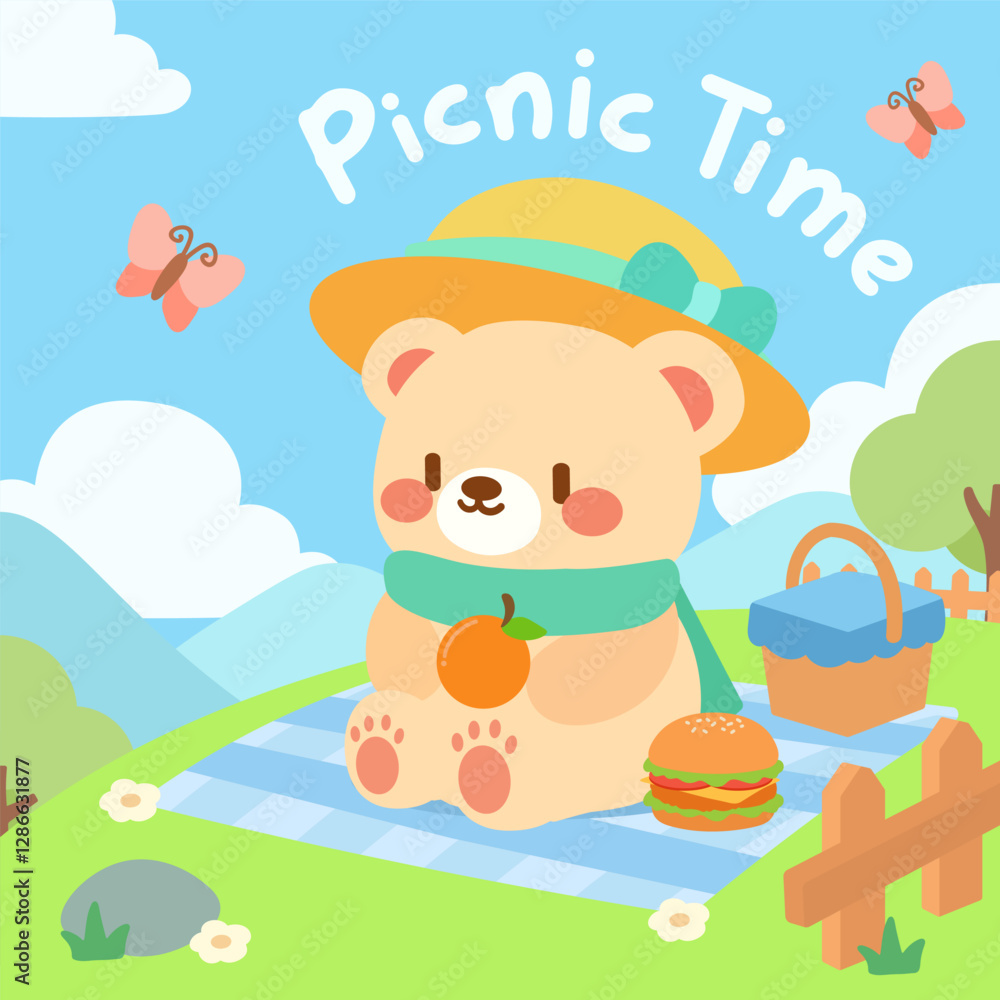Fototapeta premium Cute Bear Enjoying a Picnic on a Sunny Day. Kawaii Bear Having a Relaxing Outdoor Picnic.