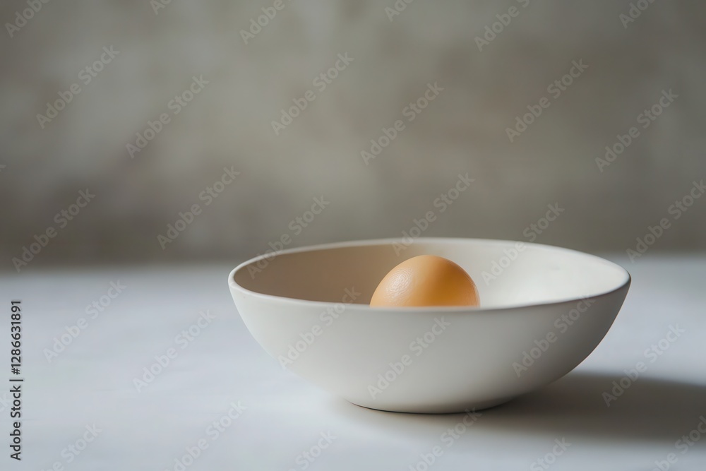 Simple elegance of a solitary egg resting in a minimalist bowl on a serene kitchen countertop during morning light Simple elegance of a solitary egg resting in a minimalist bowl on a serene kitchen countertop during morning light