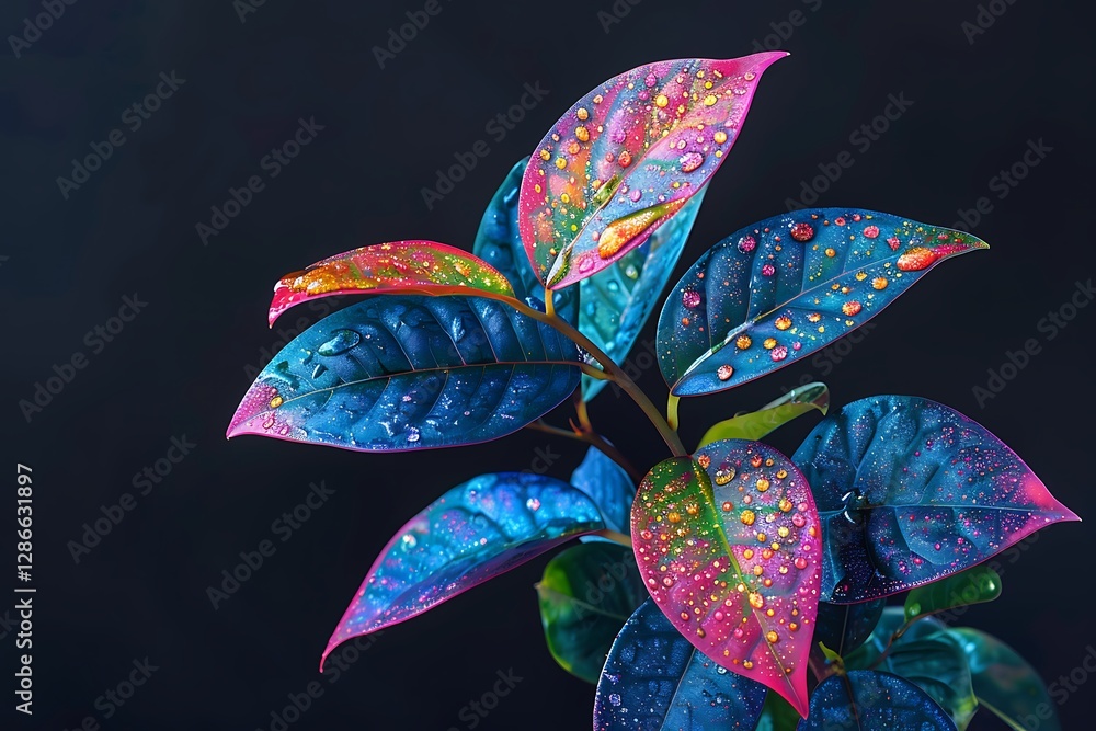 Fototapeta premium Colorful leaves with water drops on them, macro photography, close-up, dark background