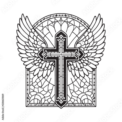 Symbol of faith, cross with angelic wings in minimalist mosaic style