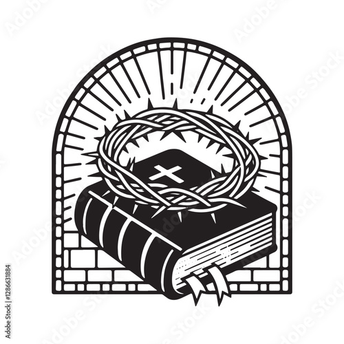 Symbolic minimalist Mosaic Outline, Arc Window Bible with Crown of Thorns, Representing Jesus Christ's Ultimate Sacrifice