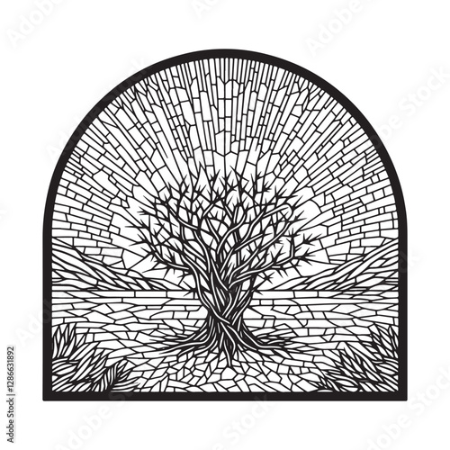 Symbolic minimalist mosaic portrayal of a mystical tree within an arc