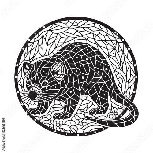 Stylized Tasmanian Devil in Mosaic Outline within Arc Window for Coloring