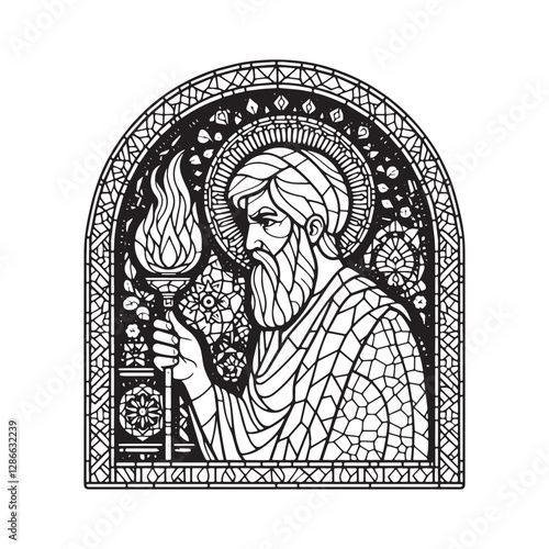 Zoroaster mosaic coloring page with flame, minimalist arc window design for stress relief, creativity
