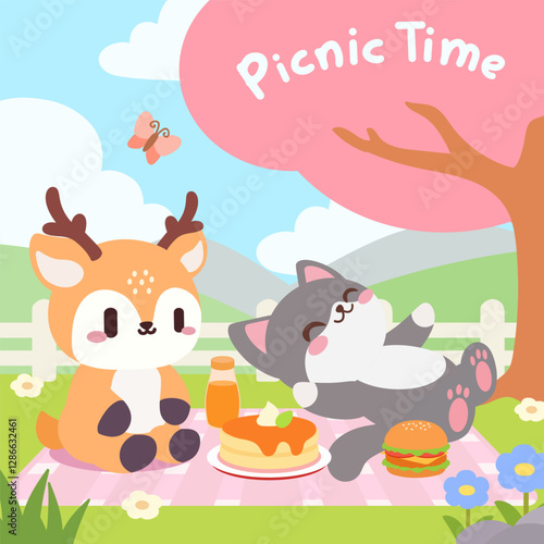 Cute Deer and Cat Enjoying a Cozy Picnic.Adorable Animal Friends Having a Relaxing Picnic.
