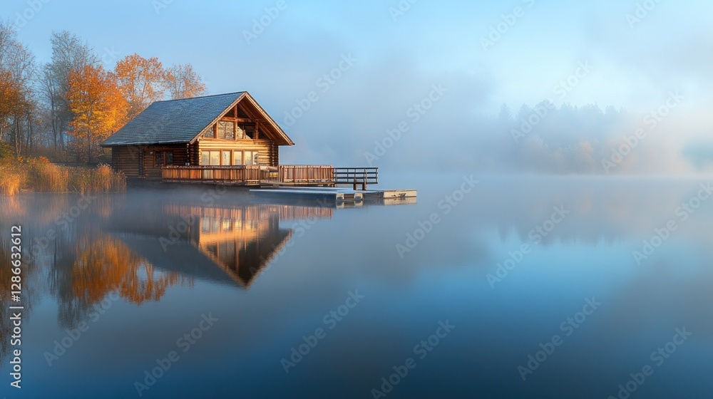 Obraz premium Log Cabin Reflection on Misty Lake with Autumnal Trees and Serene Atmosphere