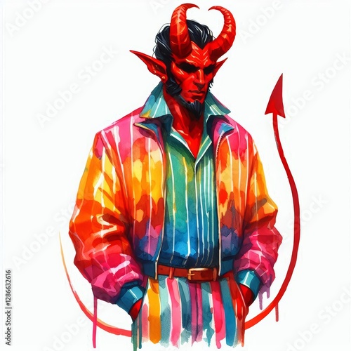 A Devilish Retro, Demon in 1980s New Wave Outfit, Watercolor Style