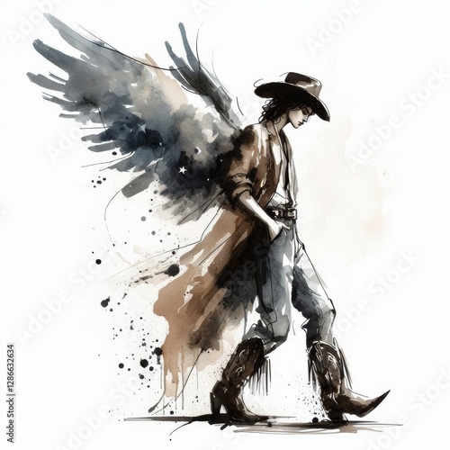 A Serene Angel Embodies Vintage Cowboy Aesthetics in Watercolor