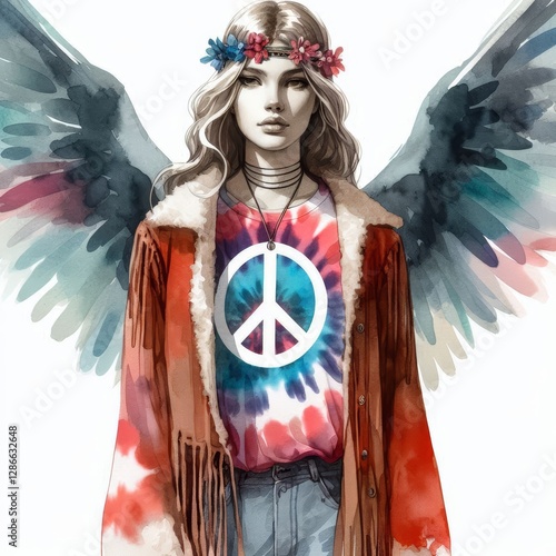 A Serene Angel in Retro Hippie Style with Vibrant Watercolors