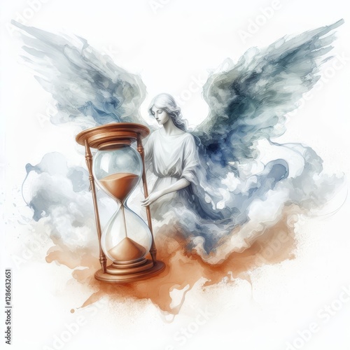 A Serene Angel Holding an Hourglass in Minimalist Watercolor Art